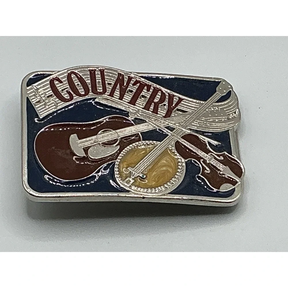 Vintage Country‎ Music Belt Buckle Guitar Banjo Fiddle Made in USA  Blue Enamel